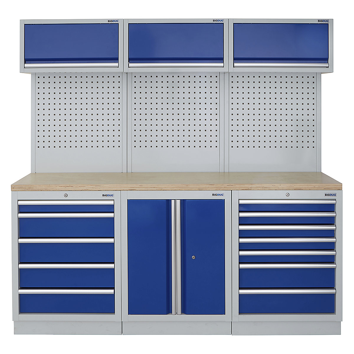 BiGDUG | 2041mm Wide Modular Storage System | 6 Cabinet, BiGDUG | 2041mm Wide Modular Storage System | 6 Cabinet, BiGDUG | 2041mm Wide Storage System | 5 Drawer Cabinet | 2 Door Cupboard | 7 Drawer Cabinet | 3x Wall Panel | 3x Wall Cupboard | Grey Housing | Blue Doors | Multiplex Worktop-0