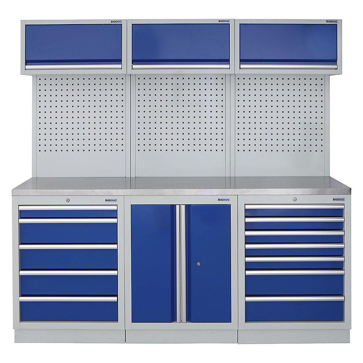 BiGDUG | 2041mm Wide Modular Storage System | 6 Cabinet, BiGDUG | 2041mm Wide Modular Storage System | 6 Cabinet, BiGDUG | 2041mm Wide Storage System | 5 Drawer Cabinet | 2 Door Cupboard | 7 Drawer Cabinet | 3x Wall Panel | 3x Wall Cupboard | Grey Housing | Blue Doors | Stainless Worktop-0