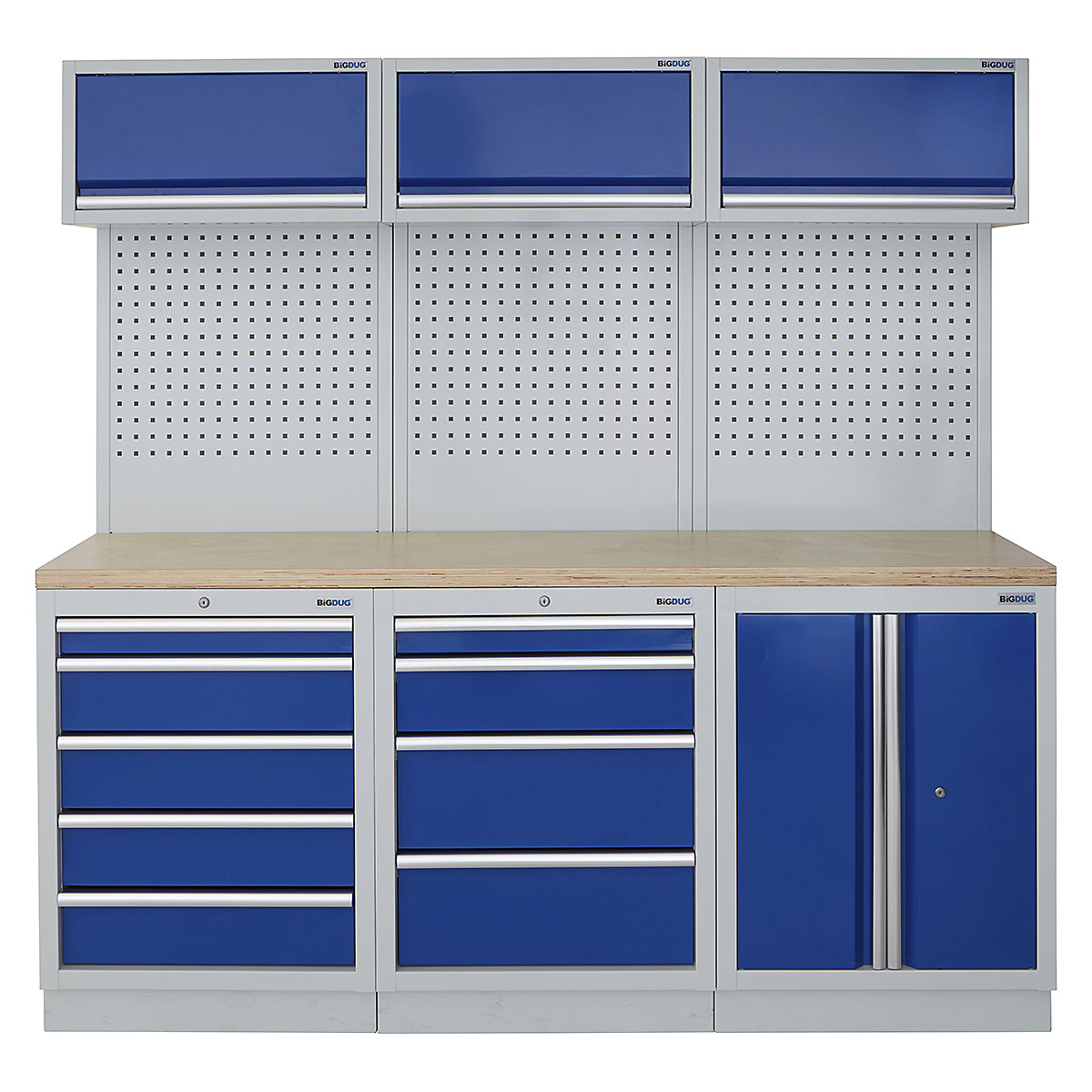 BiGDUG | 2041mm Wide Modular Storage System | 6 Cabinet, BiGDUG | 2041mm Wide Modular Storage System | 6 Cabinet, BiGDUG | 2041mm Wide Storage System | 5 Drawer Cabinet | 4 Drawer Cabinet | 2 Door Cupboard | 3x Wall Panel | 3x Wall Cupboard | Grey Housing | Blue Doors | Multiplex Worktop-0