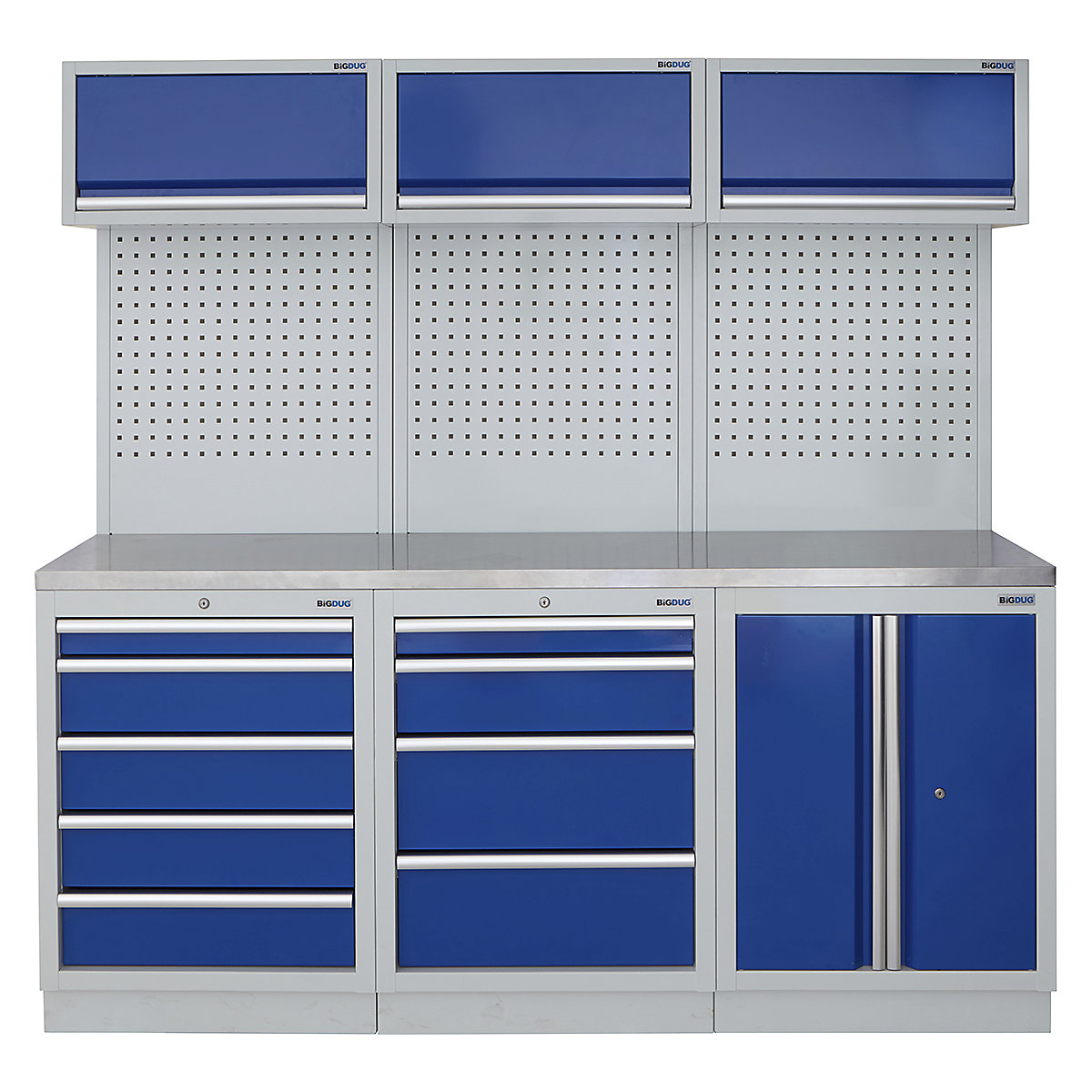BiGDUG | 2041mm Wide Modular Storage System | 6 Cabinet, BiGDUG | 2041mm Wide Modular Storage System | 6 Cabinet, BiGDUG | 2041mm Wide Storage System | 5 Drawer Cabinet | 4 Drawer Cabinet | 2 Door Cupboard | 3x Wall Panel | 3x Wall Cupboard | Grey Housing | Blue Doors | Stainless Worktop-0
