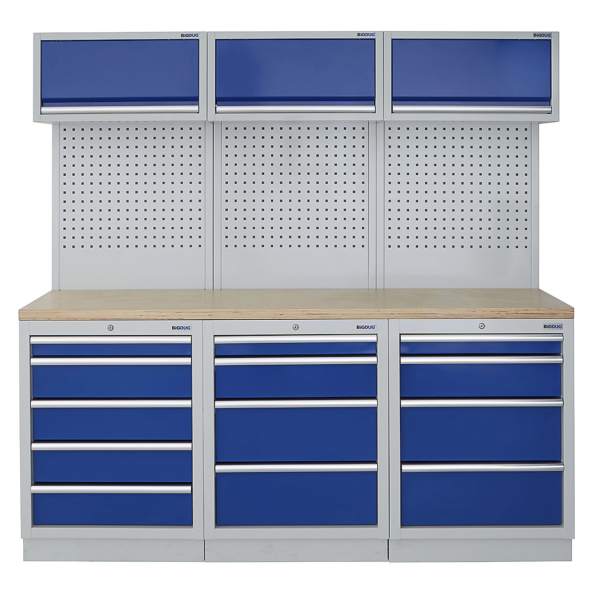 BiGDUG | 2041mm Wide Modular Storage System | 6 Cabinet, BiGDUG | 2041mm Wide Modular Storage System | 6 Cabinet, BiGDUG | 2041mm Wide Storage System | 5 Drawer Cabinet | 4 Drawer Cabinet | 4 Drawer Cabinet | 3x Wall Panel | 3x Wall Cupboard | Grey Housing | Blue Doors | Multiplex Worktop-0