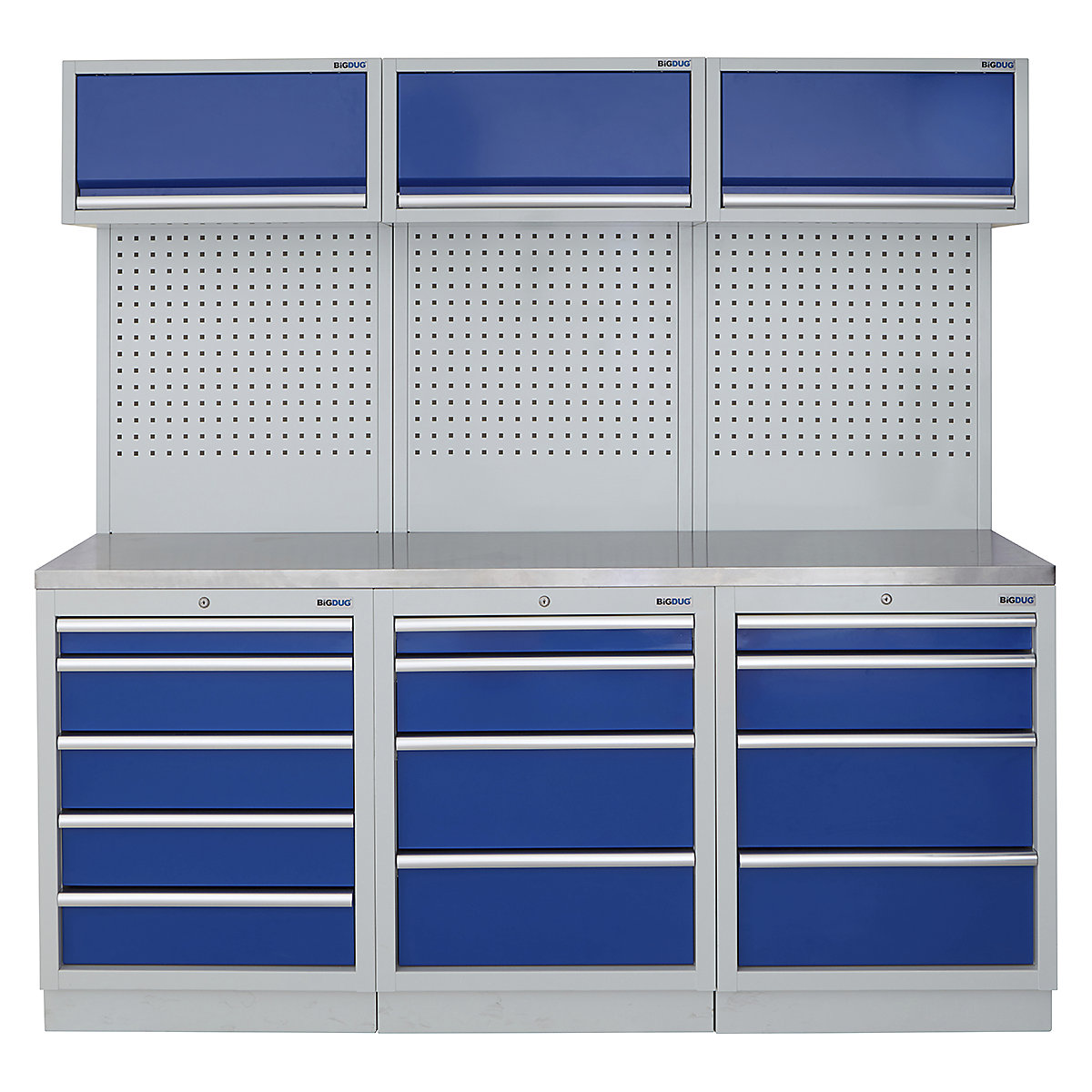 BiGDUG | 2041mm Wide Modular Storage System | 6 Cabinet, BiGDUG | 2041mm Wide Modular Storage System | 6 Cabinet, BiGDUG | 2041mm Wide Storage System | 5 Drawer Cabinet | 4 Drawer Cabinet | 4 Drawer Cabinet | 3x Wall Panel | 3x Wall Cupboard | Grey Housing | Blue Doors | Stainless Worktop-0