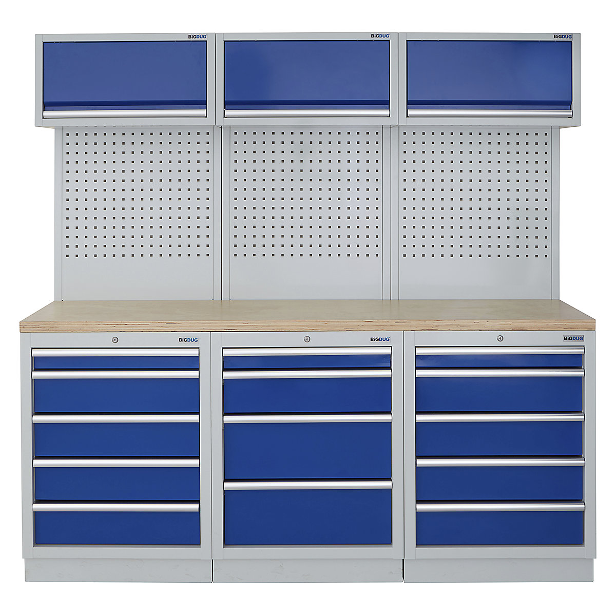 BiGDUG | 2041mm Wide Modular Storage System | 6 Cabinet, BiGDUG | 2041mm Wide Modular Storage System | 6 Cabinet, BiGDUG | 2041mm Wide Storage System | 5 Drawer Cabinet | 4 Drawer Cabinet | 5 Drawer Cabinet | 3x Wall Panel | 3x Wall Cupboard | Grey Housing | Blue Doors | Multiplex Worktop-0