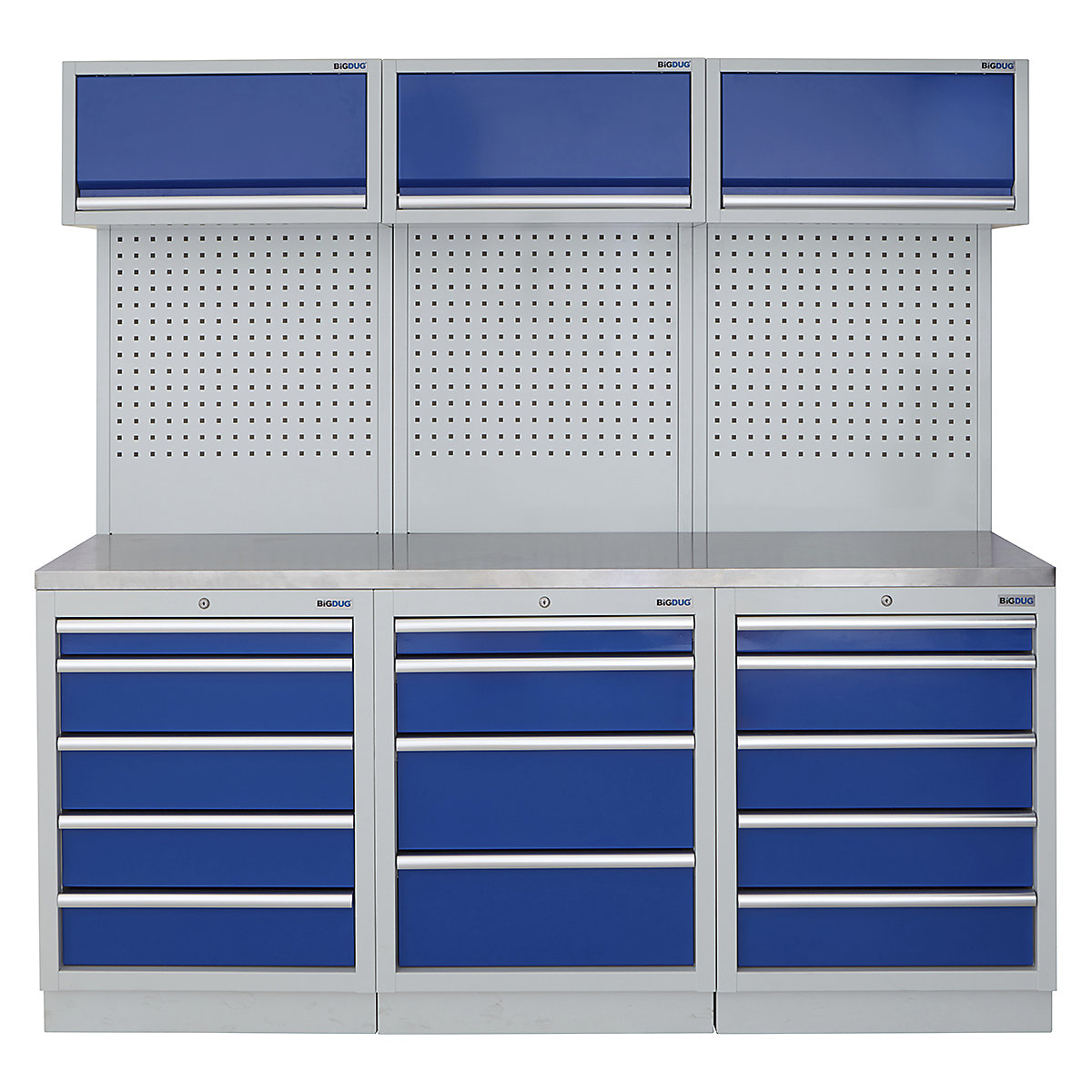BiGDUG | 2041mm Wide Modular Storage System | 6 Cabinet, BiGDUG | 2041mm Wide Modular Storage System | 6 Cabinet, BiGDUG | 2041mm Wide Storage System | 5 Drawer Cabinet | 4 Drawer Cabinet | 5 Drawer Cabinet | 3x Wall Panel | 3x Wall Cupboard | Grey Housing | Blue Doors | Stainless Worktop-0