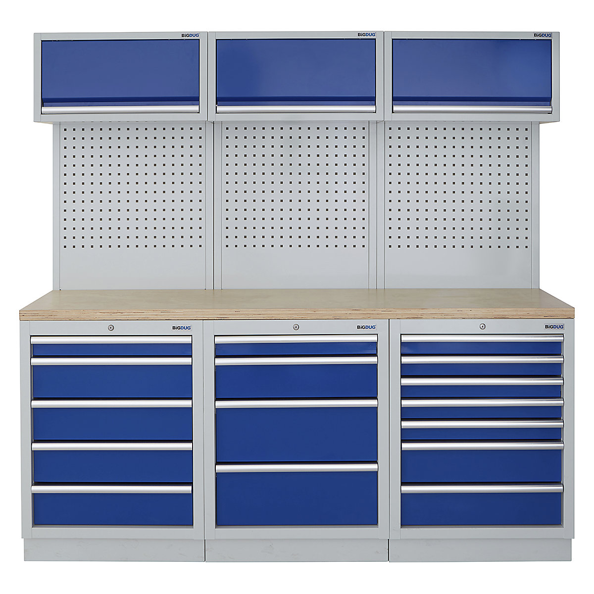 BiGDUG | 2041mm Wide Modular Storage System | 6 Cabinet, BiGDUG | 2041mm Wide Modular Storage System | 6 Cabinet, BiGDUG | 2041mm Wide Storage System | 5 Drawer Cabinet | 4 Drawer Cabinet | 7 Drawer Cabinet | 3x Wall Panel | 3x Wall Cupboard | Grey Housing | Blue Doors | Multiplex Worktop-0