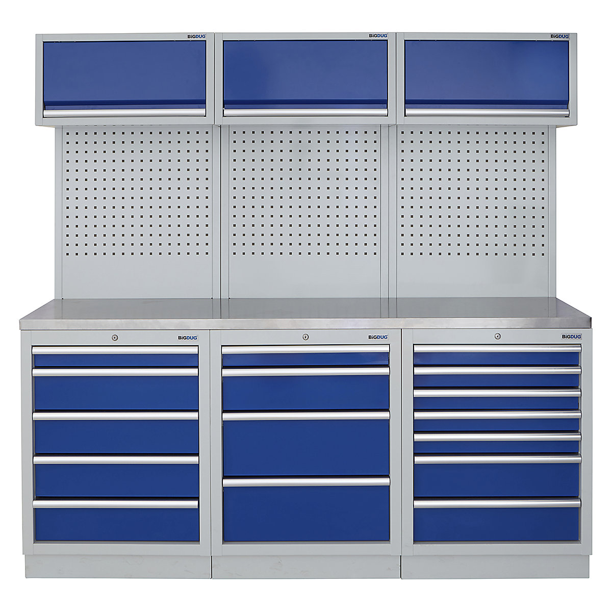 BiGDUG | 2041mm Wide Modular Storage System | 6 Cabinet, BiGDUG | 2041mm Wide Modular Storage System | 6 Cabinet, BiGDUG | 2041mm Wide Storage System | 5 Drawer Cabinet | 4 Drawer Cabinet | 7 Drawer Cabinet | 3x Wall Panel | 3x Wall Cupboard | Grey Housing | Blue Doors | Stainless Worktop-0