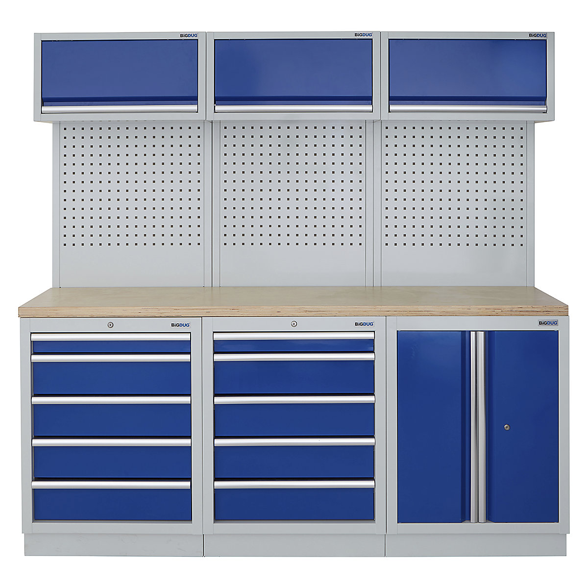 BiGDUG | 2041mm Wide Modular Storage System | 6 Cabinet, BiGDUG | 2041mm Wide Modular Storage System | 6 Cabinet, BiGDUG | 2041mm Wide Storage System | 5 Drawer Cabinet | 5 Drawer Cabinet | 2 Door Cupboard | 3x Wall Panel | 3x Wall Cupboard | Grey Housing | Blue Doors | Multiplex Worktop-0
