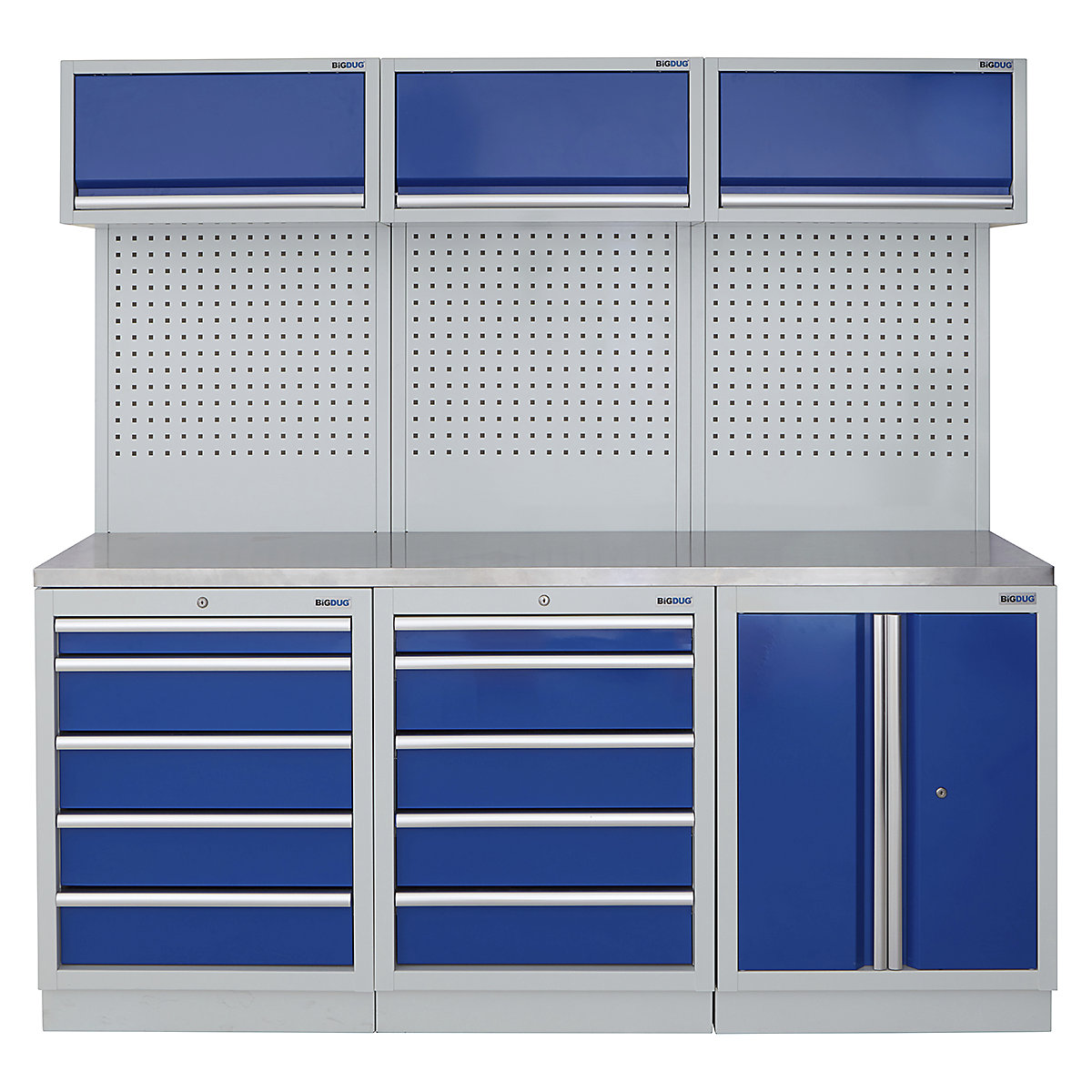 BiGDUG | 2041mm Wide Modular Storage System | 6 Cabinet, BiGDUG | 2041mm Wide Modular Storage System | 6 Cabinet, BiGDUG | 2041mm Wide Storage System | 5 Drawer Cabinet | 5 Drawer Cabinet | 2 Door Cupboard | 3x Wall Panel | 3x Wall Cupboard | Grey Housing | Blue Doors | Stainless Worktop-0