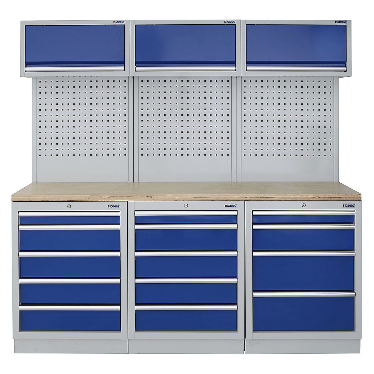 BiGDUG | 2041mm Wide Modular Storage System | 6 Cabinet, BiGDUG | 2041mm Wide Modular Storage System | 6 Cabinet, BiGDUG | 2041mm Wide Storage System | 5 Drawer Cabinet | 5 Drawer Cabinet | 4 Drawer Cabinet | 3x Wall Panel | 3x Wall Cupboard | Grey Housing | Blue Doors | Multiplex Worktop-0