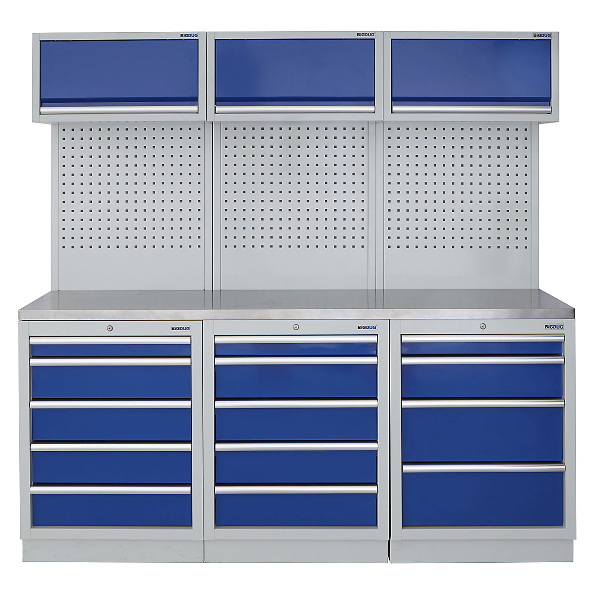 BiGDUG | 2041mm Wide Modular Storage System | 6 Cabinet, BiGDUG | 2041mm Wide Modular Storage System | 6 Cabinet, BiGDUG | 2041mm Wide Storage System | 5 Drawer Cabinet | 5 Drawer Cabinet | 4 Drawer Cabinet | 3x Wall Panel | 3x Wall Cupboard | Grey Housing | Blue Doors | Stainless Worktop-0