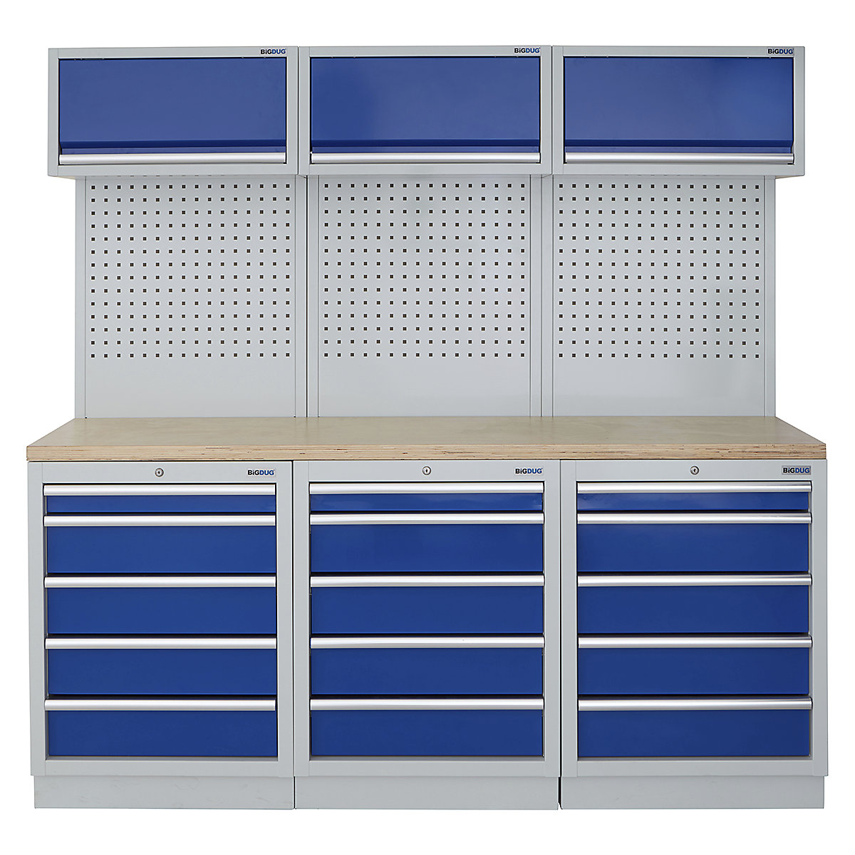 BiGDUG | 2041mm Wide Modular Storage System | 6 Cabinet, BiGDUG | 2041mm Wide Modular Storage System | 6 Cabinet, BiGDUG | 2041mm Wide Storage System | 3x 5 Drawer Cabinet | 3x Wall Panel | 3x Wall Cupboard | Grey Housing | Blue Doors | Multiplex Worktop-0