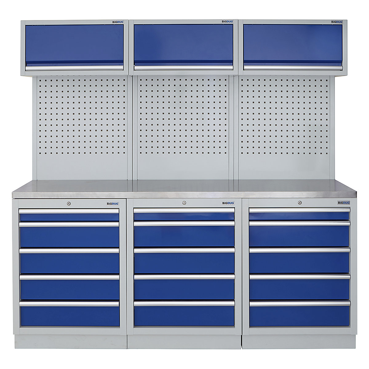 BiGDUG | 2041mm Wide Modular Storage System | 6 Cabinet, BiGDUG | 2041mm Wide Modular Storage System | 6 Cabinet, BiGDUG | 2041mm Wide Storage System | 3x 5 Drawer Cabinet | 3x Wall Panel | 3x Wall Cupboard | Grey Housing | Blue Doors | Stainless Worktop-0