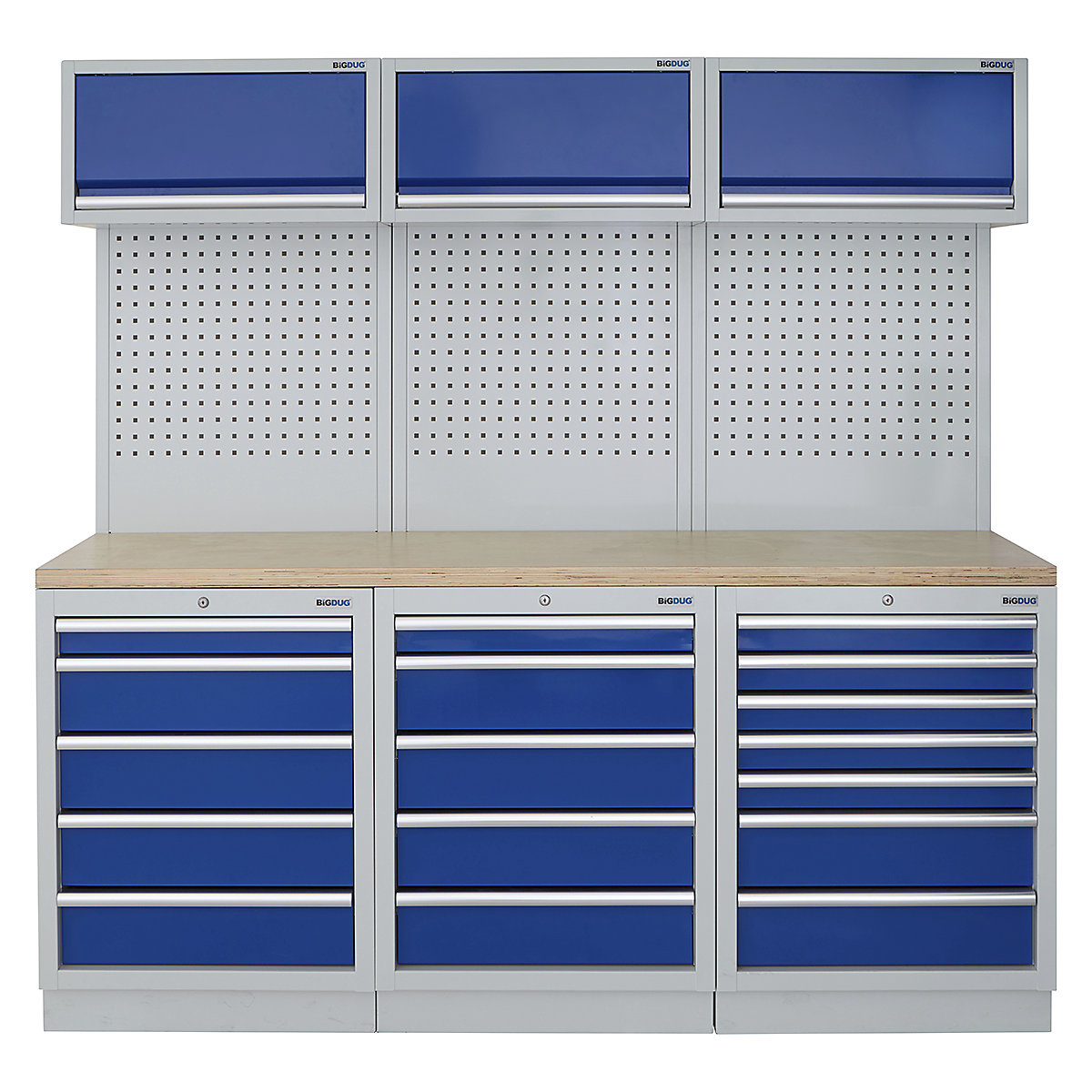 BiGDUG | 2041mm Wide Modular Storage System | 6 Cabinet, BiGDUG | 2041mm Wide Modular Storage System | 6 Cabinet, BiGDUG | 2041mm Wide Storage System | 5 Drawer Cabinet | 5 Drawer Cabinet | 7 Drawer Cabinet | 3x Wall Panel | 3x Wall Cupboard | Grey Housing | Blue Doors | Multiplex Worktop-0