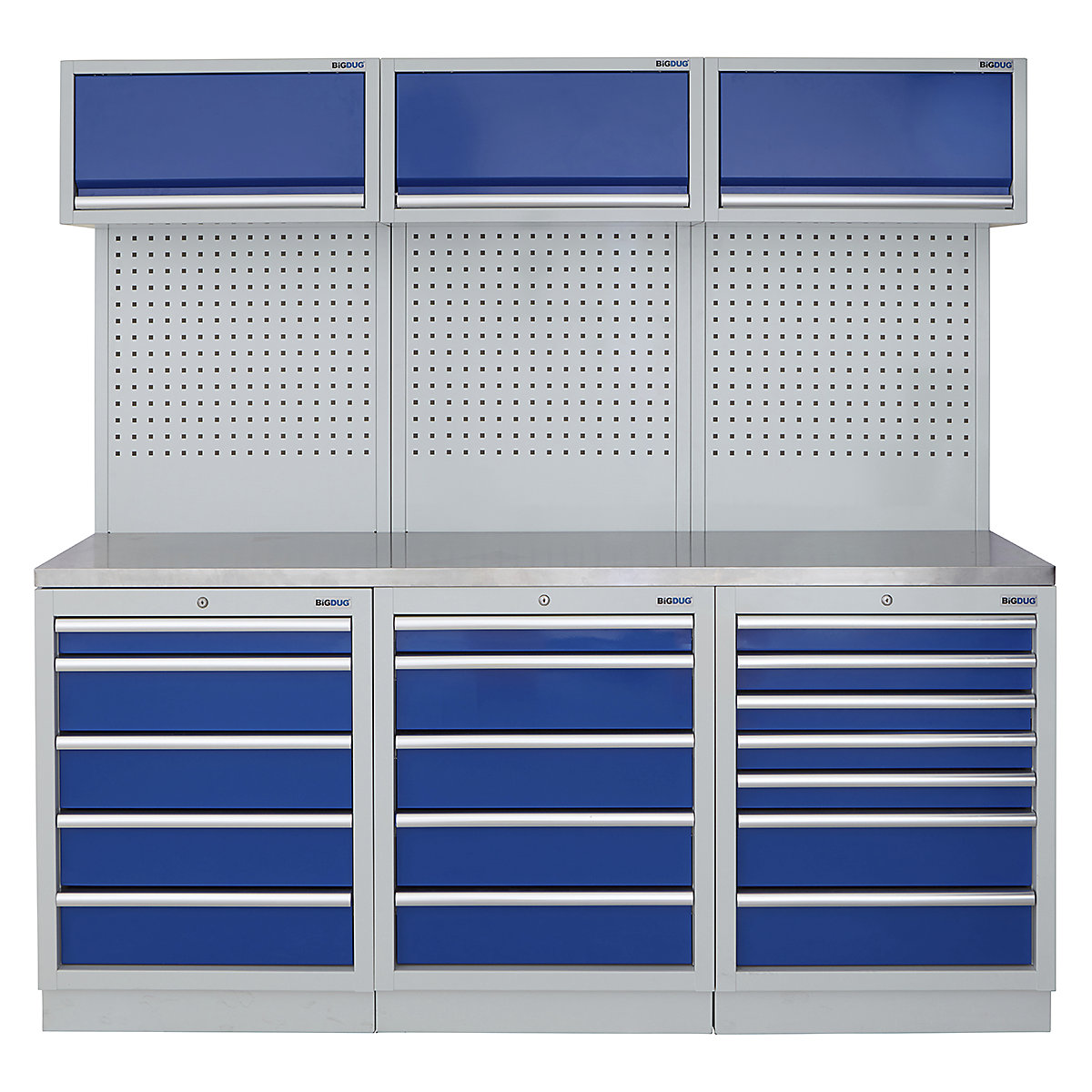 BiGDUG | 2041mm Wide Modular Storage System | 6 Cabinet, BiGDUG | 2041mm Wide Modular Storage System | 6 Cabinet, BiGDUG | 2041mm Wide Storage System | 5 Drawer Cabinet | 5 Drawer Cabinet | 7 Drawer Cabinet | 3x Wall Panel | 3x Wall Cupboard | Grey Housing | Blue Doors | Stainless Worktop-0