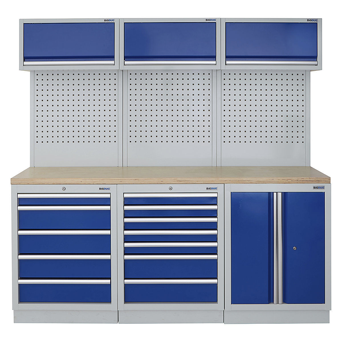 BiGDUG | 2041mm Wide Modular Storage System | 6 Cabinet, BiGDUG | 2041mm Wide Modular Storage System | 6 Cabinet, BiGDUG | 2041mm Wide Storage System | 5 Drawer Cabinet | 7 Drawer Cabinet | 2 Door Cupboard | 3x Wall Panel | 3x Wall Cupboard | Grey Housing | Blue Doors | Multiplex Worktop-0