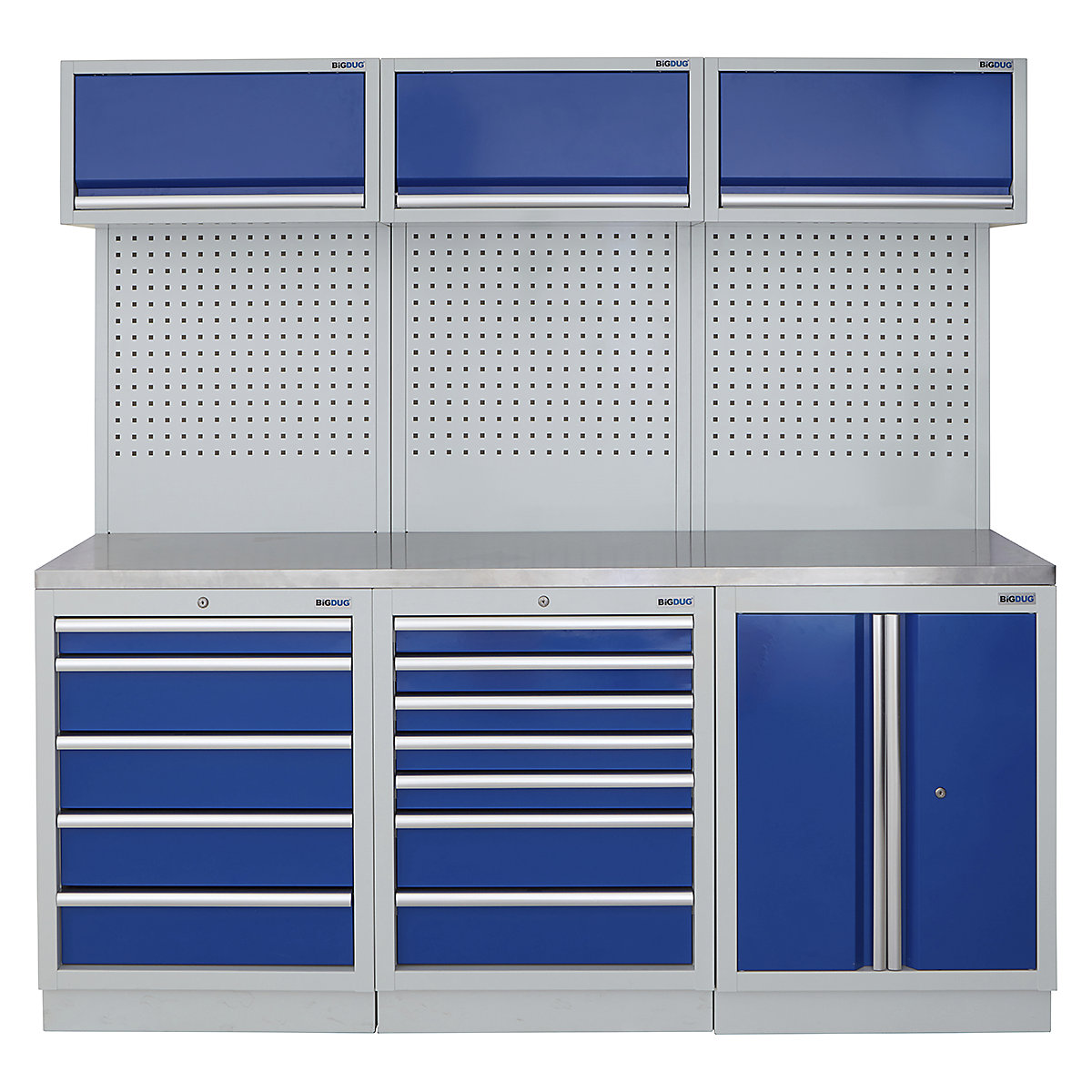 BiGDUG | 2041mm Wide Modular Storage System | 6 Cabinet, BiGDUG | 2041mm Wide Modular Storage System | 6 Cabinet, BiGDUG | 2041mm Wide Storage System | 5 Drawer Cabinet | 7 Drawer Cabinet | 2 Door Cupboard | 3x Wall Panel | 3x Wall Cupboard | Grey Housing | Blue Doors | Stainless Worktop-0