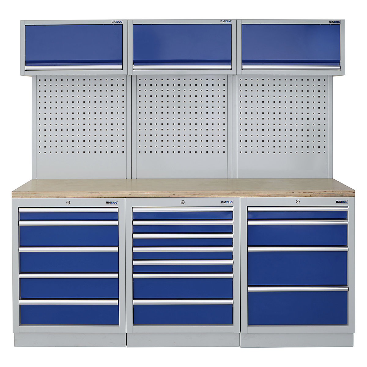 BiGDUG | 2041mm Wide Modular Storage System | 6 Cabinet, BiGDUG | 2041mm Wide Modular Storage System | 6 Cabinet, BiGDUG | 2041mm Wide Storage System | 5 Drawer Cabinet | 7 Drawer Cabinet | 4 Drawer Cabinet | 3x Wall Panel | 3x Wall Cupboard | Grey Housing | Blue Doors | Multiplex Worktop-0