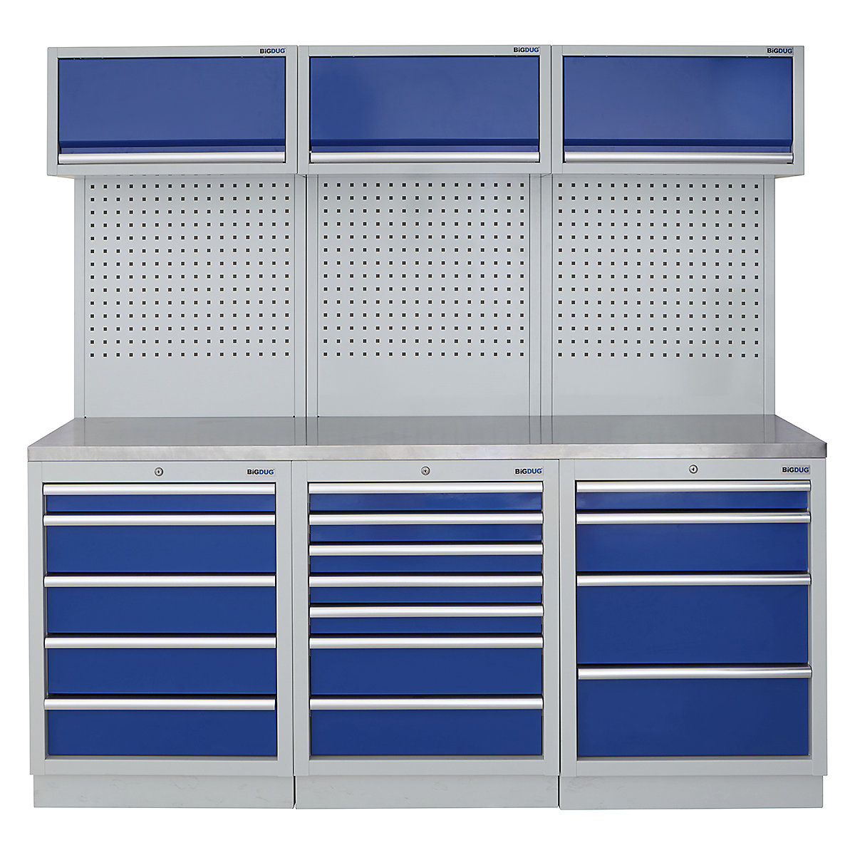 BiGDUG | 2041mm Wide Modular Storage System | 6 Cabinet, BiGDUG | 2041mm Wide Modular Storage System | 6 Cabinet, BiGDUG | 2041mm Wide Storage System | 5 Drawer Cabinet | 7 Drawer Cabinet | 4 Drawer Cabinet | 3x Wall Panel | 3x Wall Cupboard | Grey Housing | Blue Doors | Stainless Worktop-0