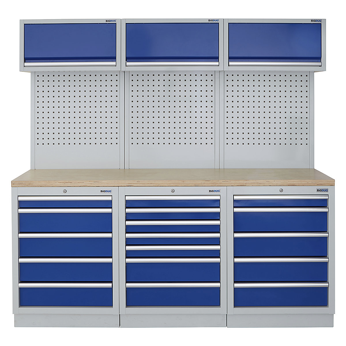 BiGDUG | 2041mm Wide Modular Storage System | 6 Cabinet, BiGDUG | 2041mm Wide Modular Storage System | 6 Cabinet, BiGDUG | 2041mm Wide Storage System | 5 Drawer Cabinet | 7 Drawer Cabinet | 5 Drawer Cabinet | 3x Wall Panel | 3x Wall Cupboard | Grey Housing | Blue Doors | Multiplex Worktop-0
