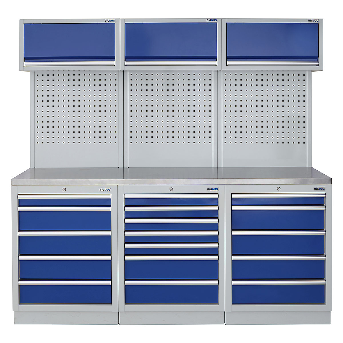 BiGDUG | 2041mm Wide Modular Storage System | 6 Cabinet, BiGDUG | 2041mm Wide Modular Storage System | 6 Cabinet, BiGDUG | 2041mm Wide Storage System | 5 Drawer Cabinet | 7 Drawer Cabinet | 5 Drawer Cabinet | 3x Wall Panel | 3x Wall Cupboard | Grey Housing | Blue Doors | Stainless Worktop-0