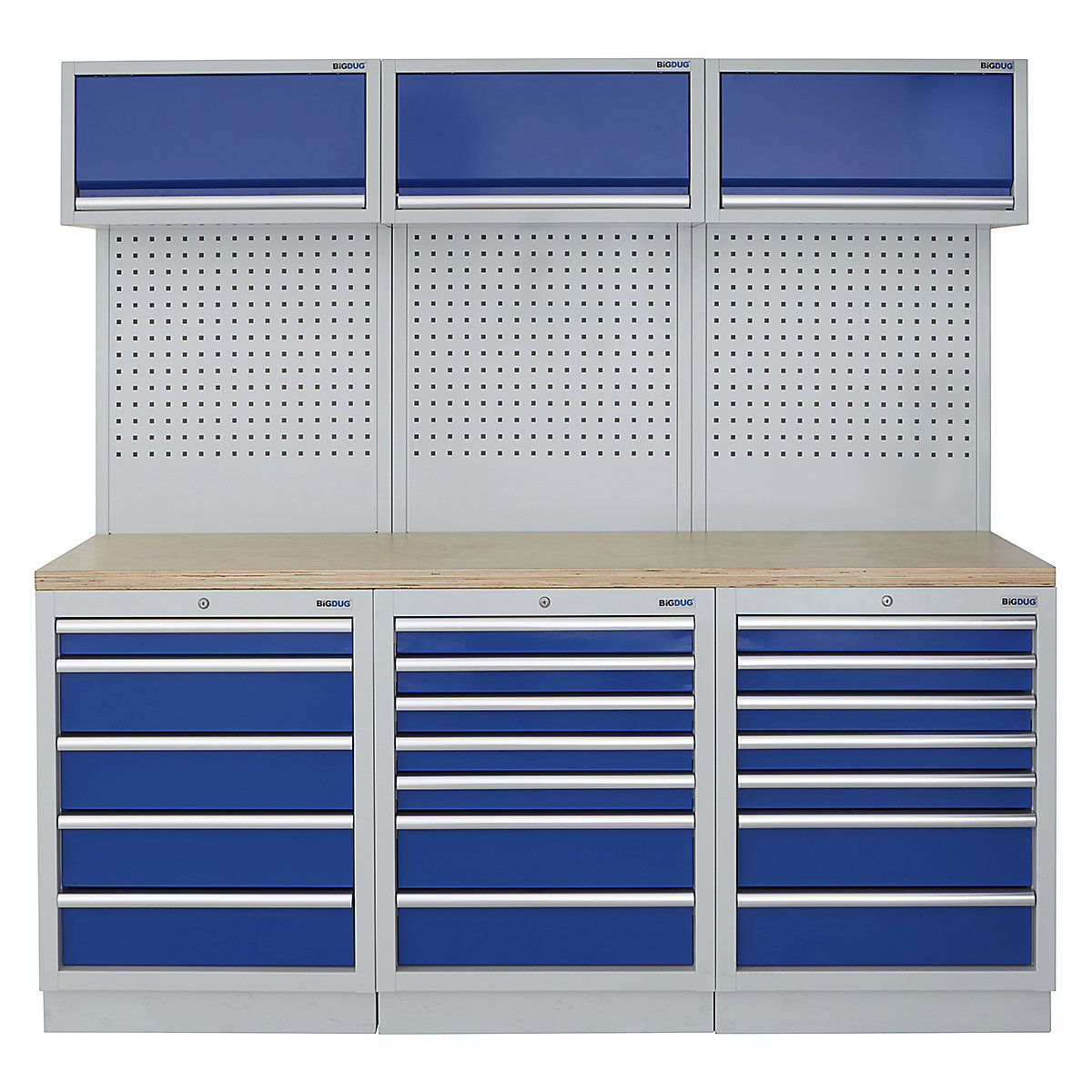BiGDUG | 2041mm Wide Modular Storage System | 6 Cabinet, BiGDUG | 2041mm Wide Modular Storage System | 6 Cabinet, BiGDUG | 2041mm Wide Storage System | 5 Drawer Cabinet | 7 Drawer Cabinet | 7 Drawer Cabinet | 3x Wall Panel | 3x Wall Cupboard | Grey Housing | Blue Doors | Multiplex Worktop-0