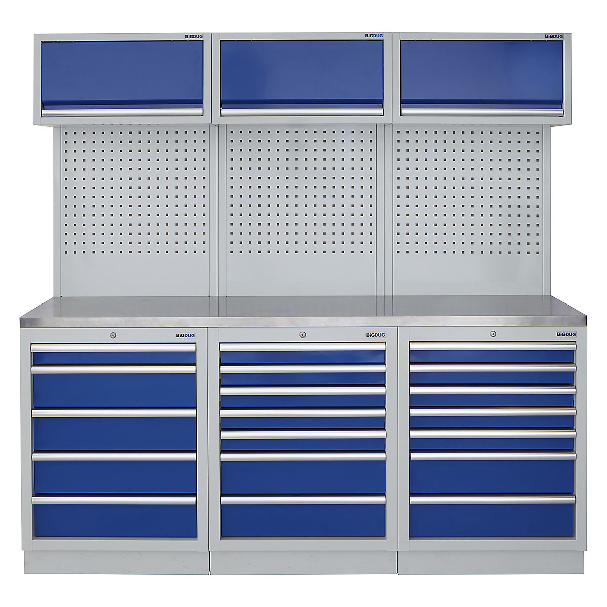 BiGDUG | 2041mm Wide Modular Storage System | 6 Cabinet, BiGDUG | 2041mm Wide Modular Storage System | 6 Cabinet, BiGDUG | 2041mm Wide Storage System | 5 Drawer Cabinet | 7 Drawer Cabinet | 7 Drawer Cabinet | 3x Wall Panel | 3x Wall Cupboard | Grey Housing | Blue Doors | Stainless Worktop-0