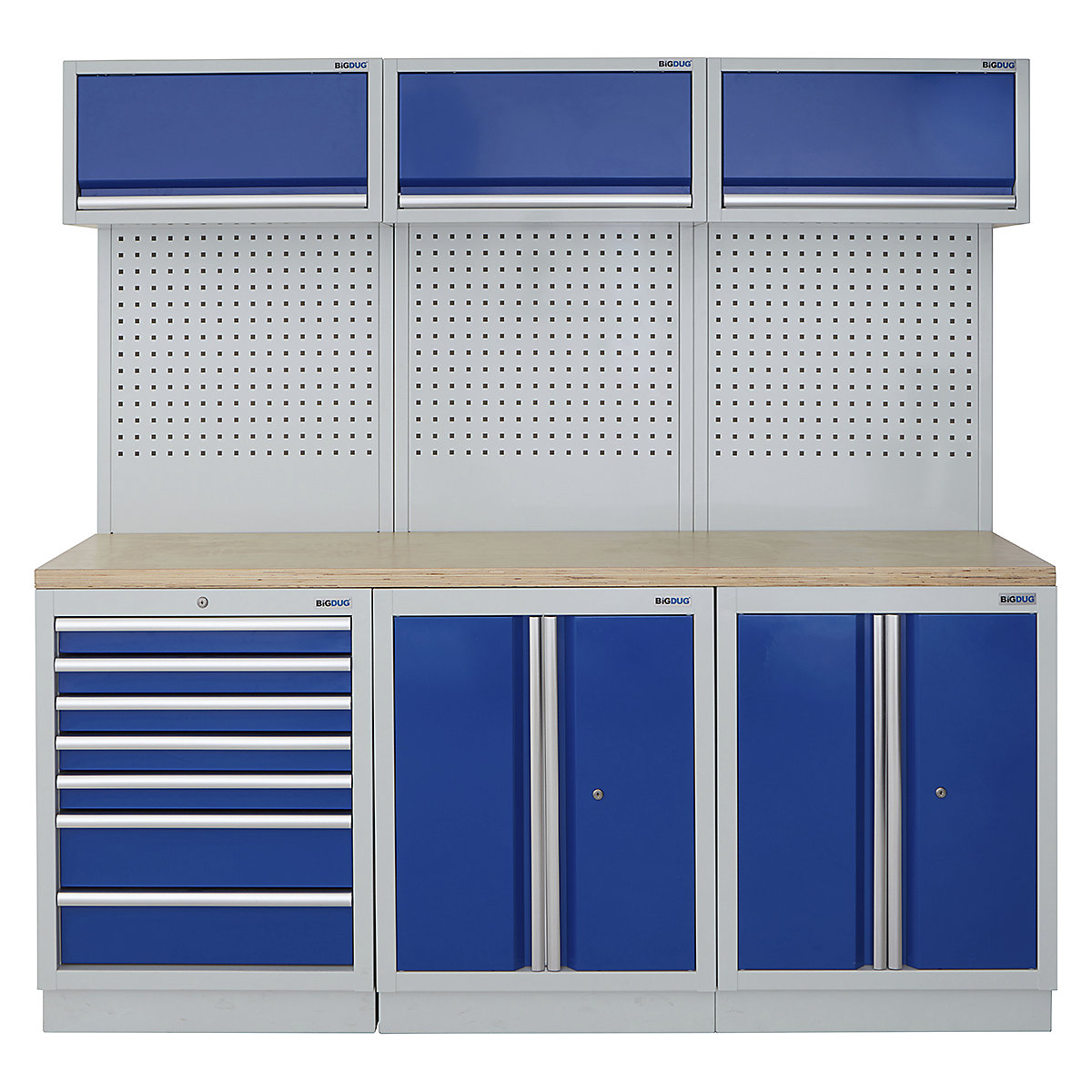 BiGDUG | 2041mm Wide Modular Storage System | 6 Cabinet, BiGDUG | 2041mm Wide Modular Storage System | 6 Cabinet, BiGDUG | 2041mm Wide Storage System | 7 Drawer Cabinet | 2 Door Cupboard | 2 Door Cupboard | 3x Wall Panel | 3x Wall Cupboard | Grey Housing | Blue Doors | Multiplex Worktop-0