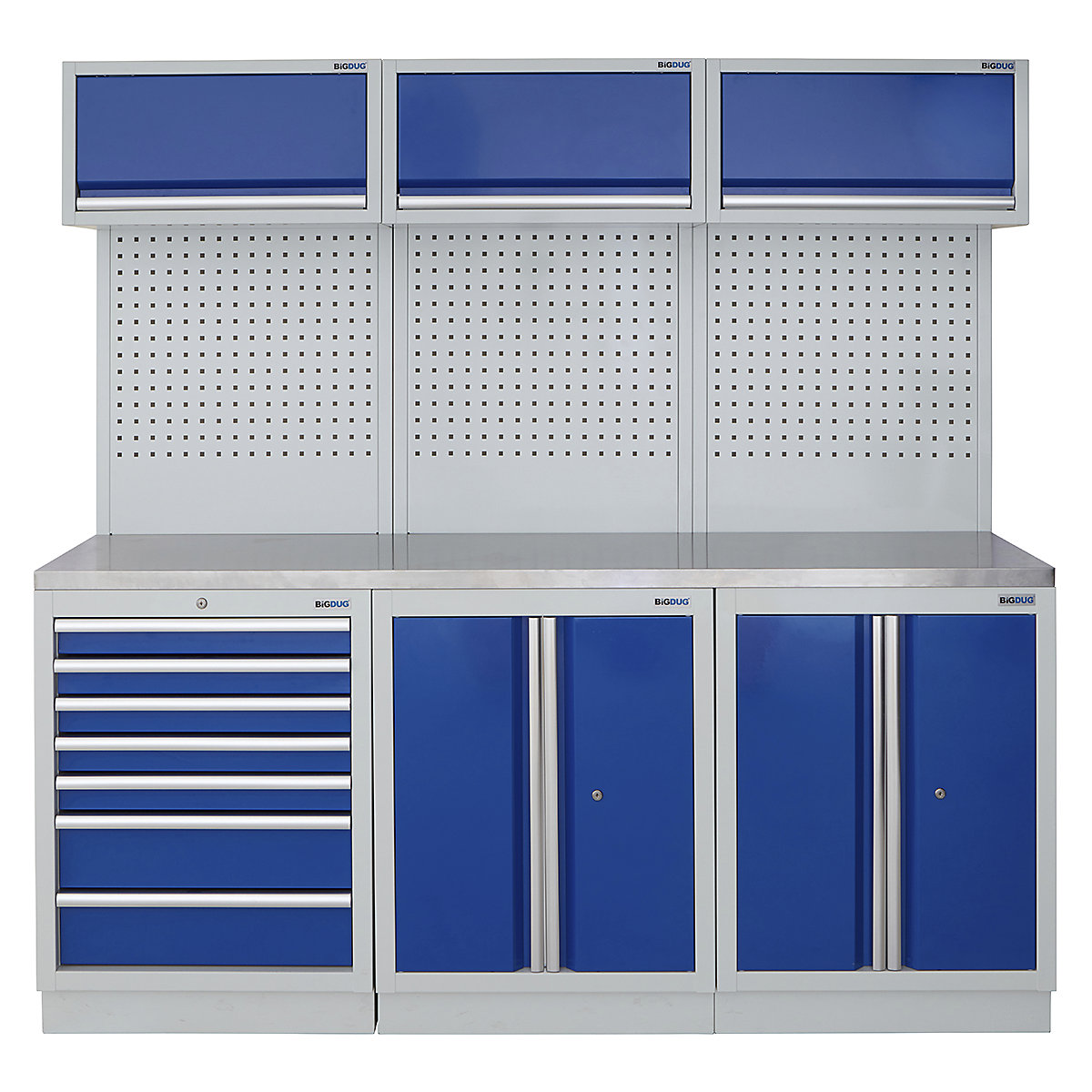 BiGDUG | 2041mm Wide Modular Storage System | 6 Cabinet, BiGDUG | 2041mm Wide Modular Storage System | 6 Cabinet, BiGDUG | 2041mm Wide Storage System | 7 Drawer Cabinet | 2 Door Cupboard | 2 Door Cupboard | 3x Wall Panel | 3x Wall Cupboard | Grey Housing | Blue Doors | Stainless Worktop-0
