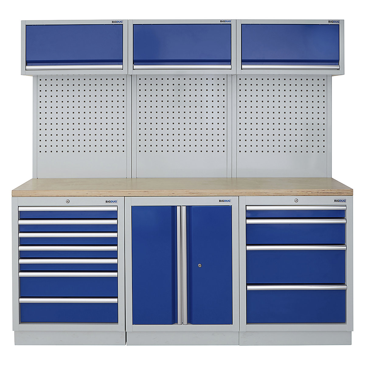 BiGDUG | 2041mm Wide Modular Storage System | 6 Cabinet, BiGDUG | 2041mm Wide Modular Storage System | 6 Cabinet, BiGDUG | 2041mm Wide Storage System | 7 Drawer Cabinet | 2 Door Cupboard | 4 Drawer Cabinet | 3x Wall Panel | 3x Wall Cupboard | Grey Housing | Blue Doors | Multiplex Worktop-0