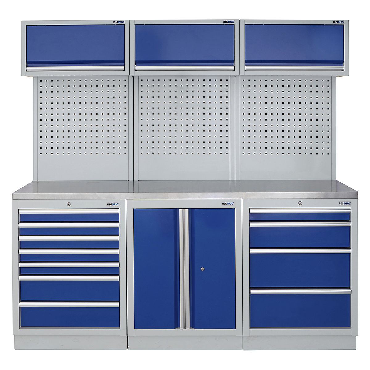 BiGDUG | 2041mm Wide Modular Storage System | 6 Cabinet, BiGDUG | 2041mm Wide Modular Storage System | 6 Cabinet, BiGDUG | 2041mm Wide Storage System | 7 Drawer Cabinet | 2 Door Cupboard | 4 Drawer Cabinet | 3x Wall Panel | 3x Wall Cupboard | Grey Housing | Blue Doors | Stainless Worktop-0