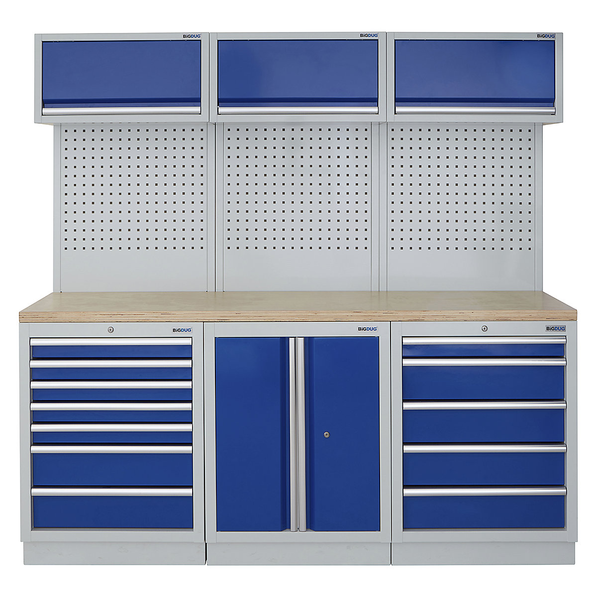 BiGDUG | 2041mm Wide Modular Storage System | 6 Cabinet, BiGDUG | 2041mm Wide Modular Storage System | 6 Cabinet, BiGDUG | 2041mm Wide Storage System | 7 Drawer Cabinet | 2 Door Cupboard | 5 Drawer Cabinet | 3x Wall Panel | 3x Wall Cupboard | Grey Housing | Blue Doors | Multiplex Worktop-0