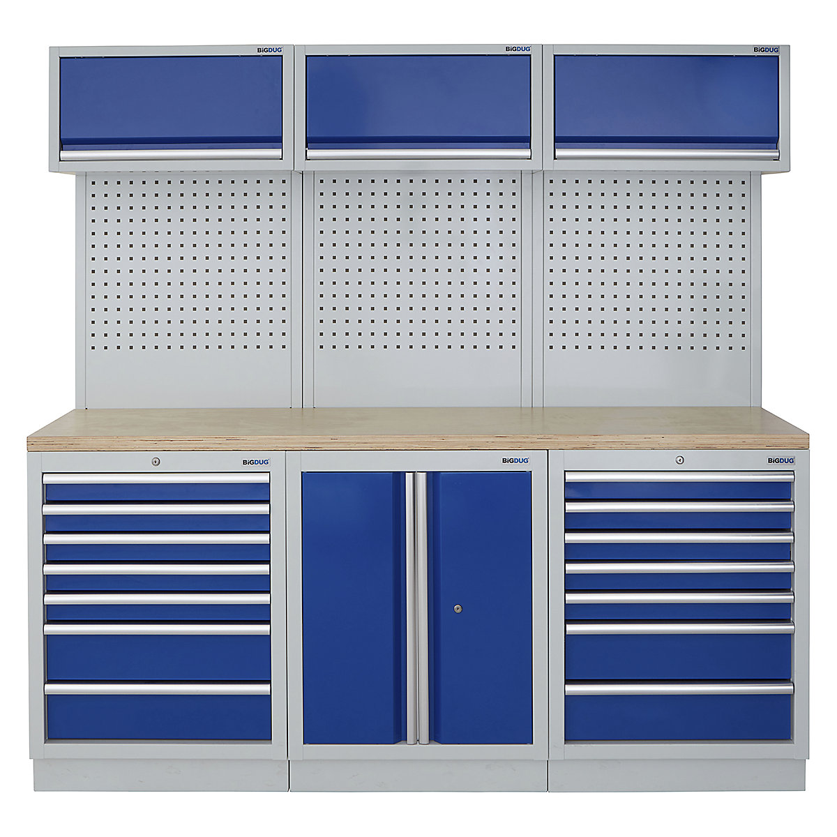 BiGDUG | 2041mm Wide Modular Storage System | 6 Cabinet, BiGDUG | 2041mm Wide Modular Storage System | 6 Cabinet, BiGDUG | 2041mm Wide Storage System | 7 Drawer Cabinet | 2 Door Cupboard | 7 Drawer Cabinet | 3x Wall Panel | 3x Wall Cupboard | Grey Housing | Blue Doors | Multiplex Worktop-0