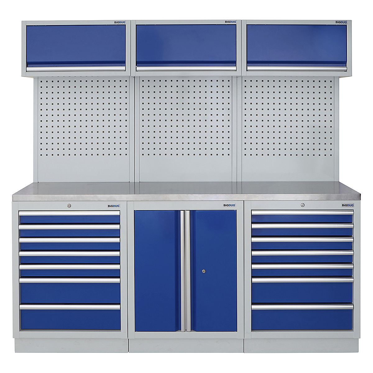 BiGDUG | 2041mm Wide Modular Storage System | 6 Cabinet, BiGDUG | 2041mm Wide Modular Storage System | 6 Cabinet, BiGDUG | 2041mm Wide Storage System | 7 Drawer Cabinet | 2 Door Cupboard | 7 Drawer Cabinet | 3x Wall Panel | 3x Wall Cupboard | Grey Housing | Blue Doors | Stainless Worktop-0