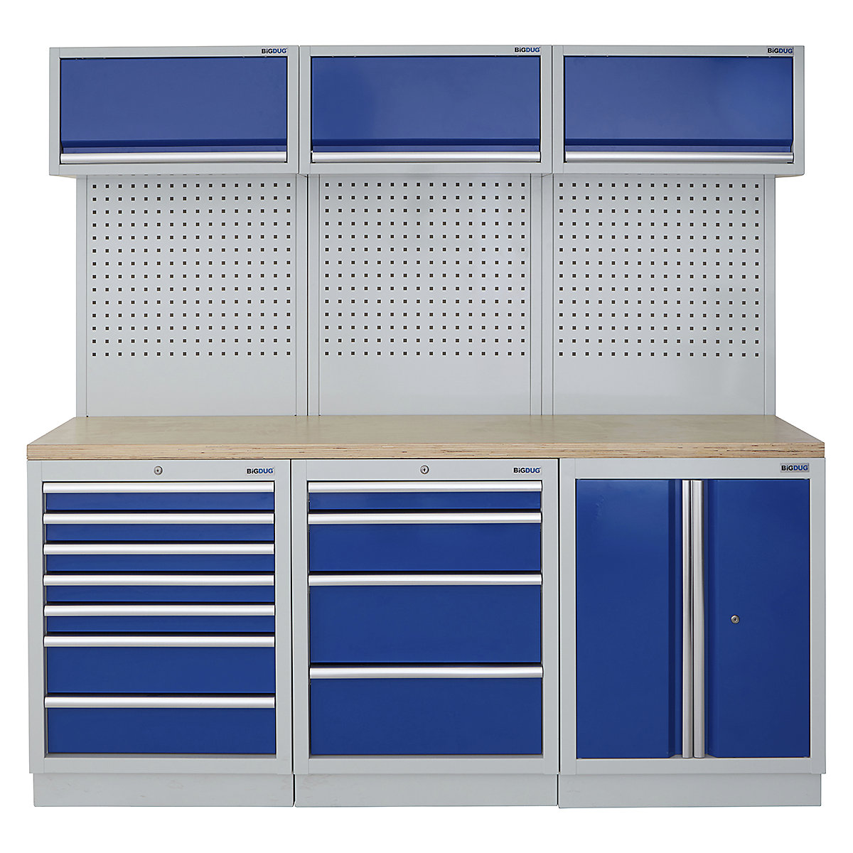BiGDUG | 2041mm Wide Modular Storage System | 6 Cabinet, BiGDUG | 2041mm Wide Modular Storage System | 6 Cabinet, BiGDUG | 2041mm Wide Storage System | 7 Drawer Cabinet | 4 Drawer Cabinet | 2 Door Cupboard | 3x Wall Panel | 3x Wall Cupboard | Grey Housing | Blue Doors | Multiplex Worktop-0