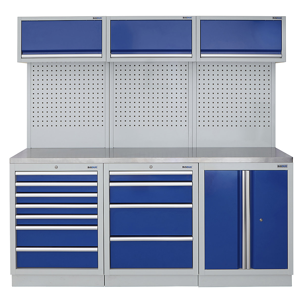 BiGDUG | 2041mm Wide Modular Storage System | 6 Cabinet, BiGDUG | 2041mm Wide Modular Storage System | 6 Cabinet, BiGDUG | 2041mm Wide Storage System | 7 Drawer Cabinet | 4 Drawer Cabinet | 2 Door Cupboard | 3x Wall Panel | 3x Wall Cupboard | Grey Housing | Blue Doors | Stainless Worktop-0