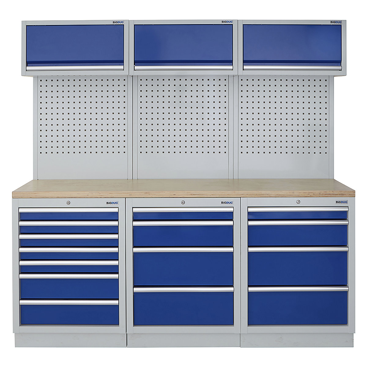 BiGDUG | 2041mm Wide Modular Storage System | 6 Cabinet, BiGDUG | 2041mm Wide Modular Storage System | 6 Cabinet, BiGDUG | 2041mm Wide Storage System | 7 Drawer Cabinet | 4 Drawer Cabinet | 4 Drawer Cabinet | 3x Wall Panel | 3x Wall Cupboard | Grey Housing | Blue Doors | Multiplex Worktop-0