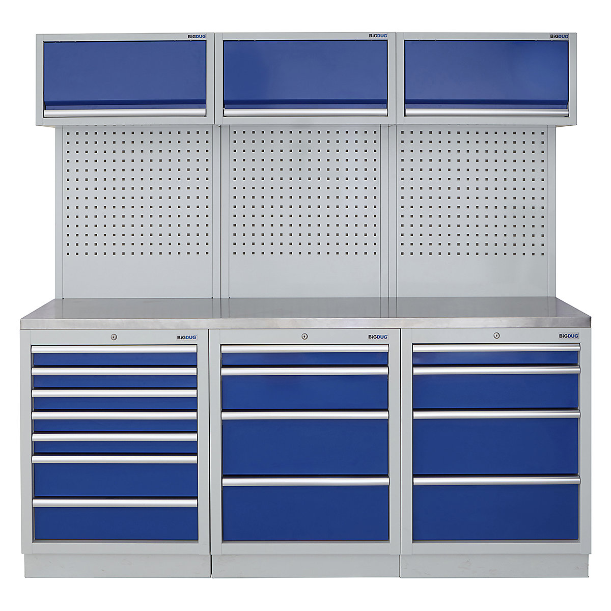 BiGDUG | 2041mm Wide Modular Storage System | 6 Cabinet, BiGDUG | 2041mm Wide Modular Storage System | 6 Cabinet, BiGDUG | 2041mm Wide Storage System | 7 Drawer Cabinet | 4 Drawer Cabinet | 4 Drawer Cabinet | 3x Wall Panel | 3x Wall Cupboard | Grey Housing | Blue Doors | Stainless Worktop-0