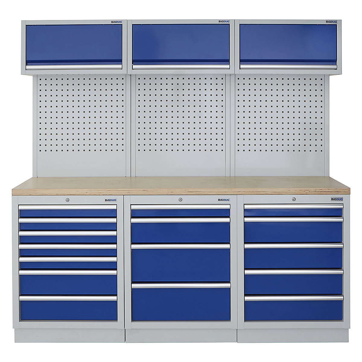 BiGDUG | 2041mm Wide Modular Storage System | 6 Cabinet, BiGDUG | 2041mm Wide Modular Storage System | 6 Cabinet, BiGDUG | 2041mm Wide Storage System | 7 Drawer Cabinet | 4 Drawer Cabinet | 5 Drawer Cabinet | 3x Wall Panel | 3x Wall Cupboard | Grey Housing | Blue Doors | Multiplex Worktop-0