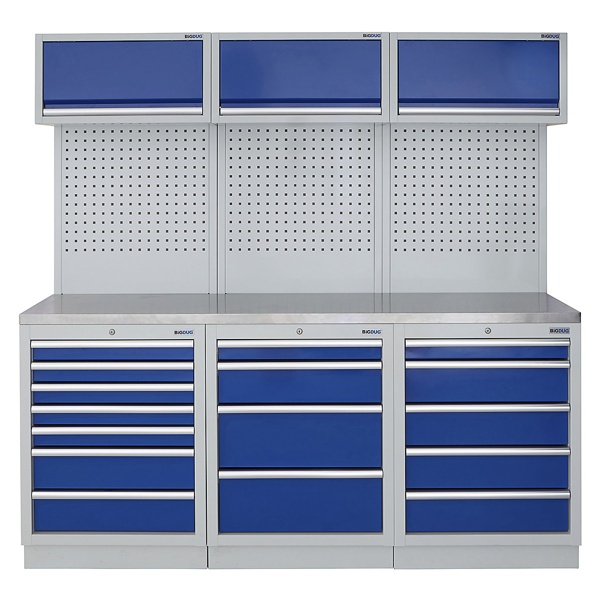 BiGDUG | 2041mm Wide Modular Storage System | 6 Cabinet, BiGDUG | 2041mm Wide Modular Storage System | 6 Cabinet, BiGDUG | 2041mm Wide Storage System | 7 Drawer Cabinet | 4 Drawer Cabinet | 5 Drawer Cabinet | 3x Wall Panel | 3x Wall Cupboard | Grey Housing | Blue Doors | Stainless Worktop-0