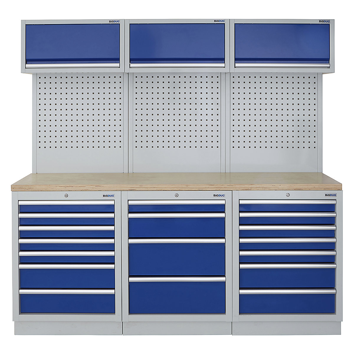 BiGDUG | 2041mm Wide Modular Storage System | 6 Cabinet, BiGDUG | 2041mm Wide Modular Storage System | 6 Cabinet, BiGDUG | 2041mm Wide Storage System | 7 Drawer Cabinet | 4 Drawer Cabinet | 7 Drawer Cabinet | 3x Wall Panel | 3x Wall Cupboard | Grey Housing | Blue Doors | Multiplex Worktop-0