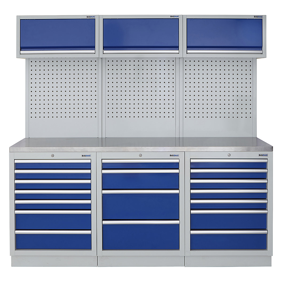 BiGDUG | 2041mm Wide Modular Storage System | 6 Cabinet, BiGDUG | 2041mm Wide Modular Storage System | 6 Cabinet, BiGDUG | 2041mm Wide Storage System | 7 Drawer Cabinet | 4 Drawer Cabinet | 7 Drawer Cabinet | 3x Wall Panel | 3x Wall Cupboard | Grey Housing | Blue Doors | Stainless Worktop-0
