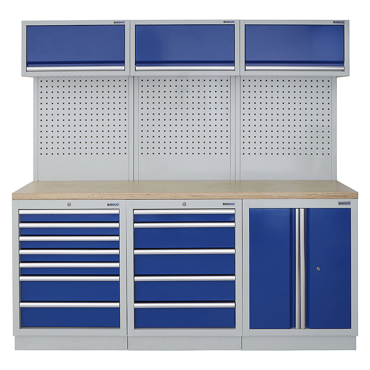 BiGDUG | 2041mm Wide Modular Storage System | 6 Cabinet, BiGDUG | 2041mm Wide Modular Storage System | 6 Cabinet, BiGDUG | 2041mm Wide Storage System | 7 Drawer Cabinet | 5 Drawer Cabinet | 2 Door Cupboard | 3x Wall Panel | 3x Wall Cupboard | Grey Housing | Blue Doors | Multiplex Worktop-0
