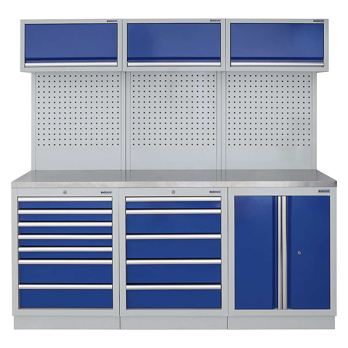 BiGDUG | 2041mm Wide Modular Storage System | 6 Cabinet, BiGDUG | 2041mm Wide Modular Storage System | 6 Cabinet, BiGDUG | 2041mm Wide Storage System | 7 Drawer Cabinet | 5 Drawer Cabinet | 2 Door Cupboard | 3x Wall Panel | 3x Wall Cupboard | Grey Housing | Blue Doors | Stainless Worktop-0