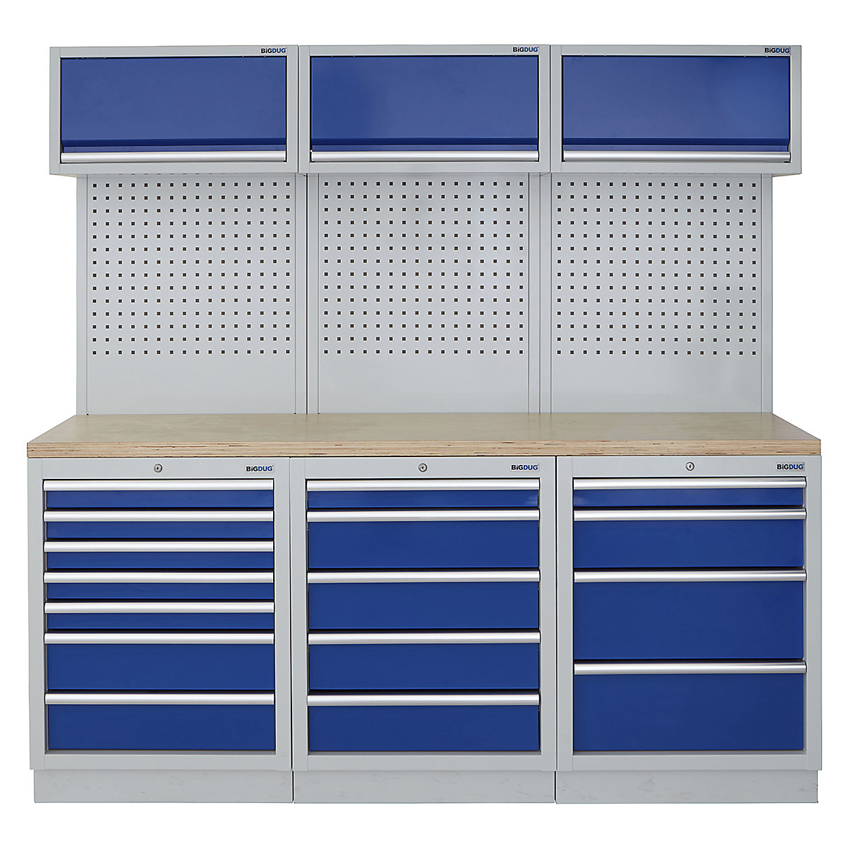 BiGDUG | 2041mm Wide Modular Storage System | 6 Cabinet, BiGDUG | 2041mm Wide Modular Storage System | 6 Cabinet, BiGDUG | 2041mm Wide Storage System | 7 Drawer Cabinet | 5 Drawer Cabinet | 4 Drawer Cabinet | 3x Wall Panel | 3x Wall Cupboard | Grey Housing | Blue Doors | Multiplex Worktop-0