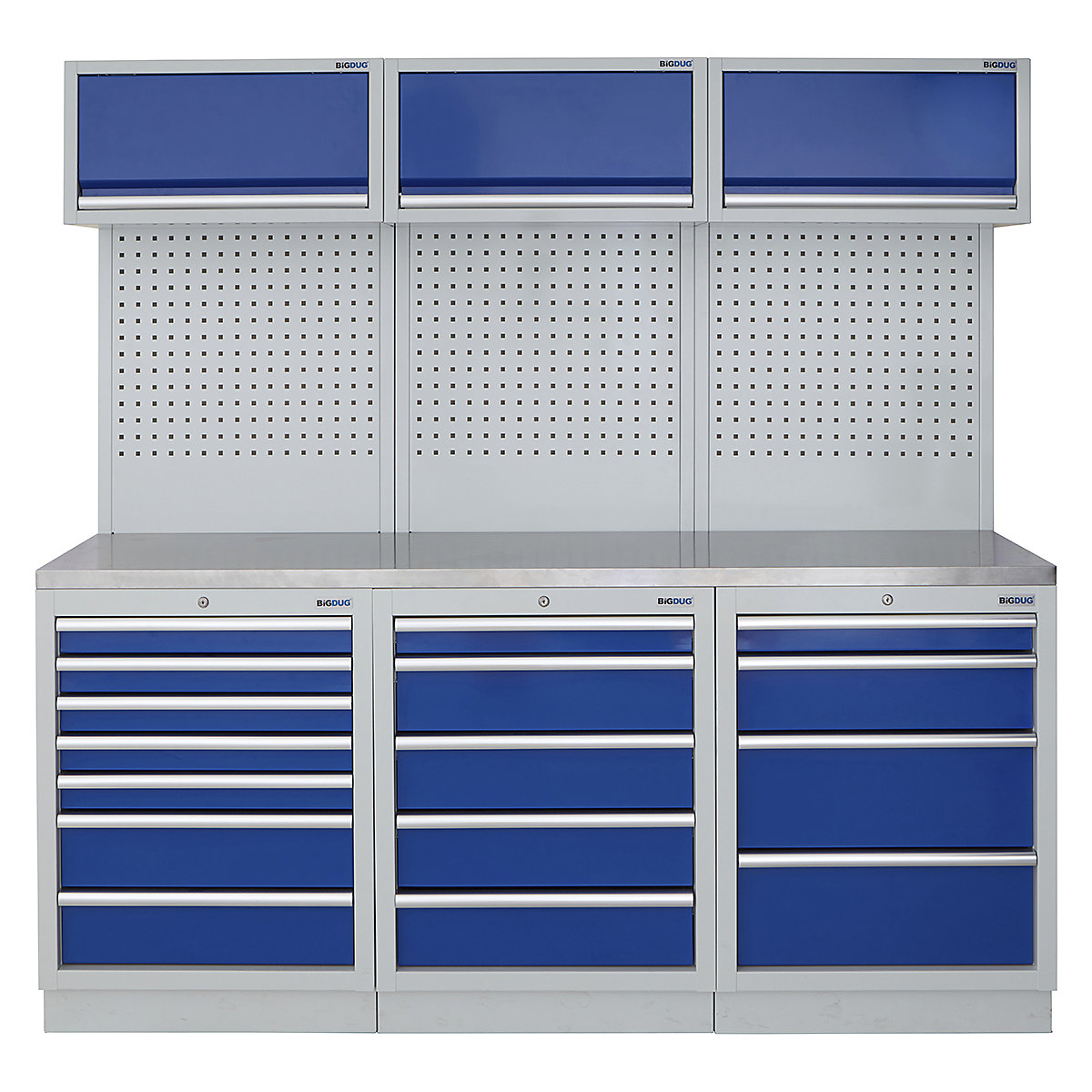 BiGDUG | 2041mm Wide Modular Storage System | 6 Cabinet, BiGDUG | 2041mm Wide Modular Storage System | 6 Cabinet, BiGDUG | 2041mm Wide Storage System | 7 Drawer Cabinet | 5 Drawer Cabinet | 4 Drawer Cabinet | 3x Wall Panel | 3x Wall Cupboard | Grey Housing | Blue Doors | Stainless Worktop-0