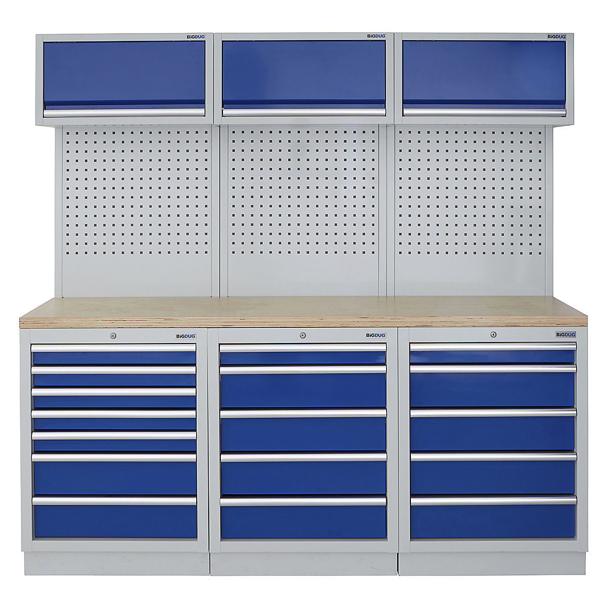 BiGDUG | 2041mm Wide Modular Storage System | 6 Cabinet, BiGDUG | 2041mm Wide Modular Storage System | 6 Cabinet, BiGDUG | 2041mm Wide Storage System | 7 Drawer Cabinet | 5 Drawer Cabinet | 5 Drawer Cabinet | 3x Wall Panel | 3x Wall Cupboard | Grey Housing | Blue Doors | Multiplex Worktop-0