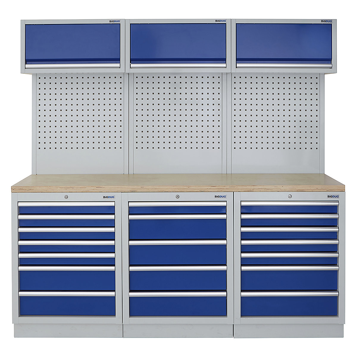 BiGDUG | 2041mm Wide Modular Storage System | 6 Cabinet, BiGDUG | 2041mm Wide Modular Storage System | 6 Cabinet, BiGDUG | 2041mm Wide Storage System | 7 Drawer Cabinet | 5 Drawer Cabinet | 7 Drawer Cabinet | 3x Wall Panel | 3x Wall Cupboard | Grey Housing | Blue Doors | Multiplex Worktop-0