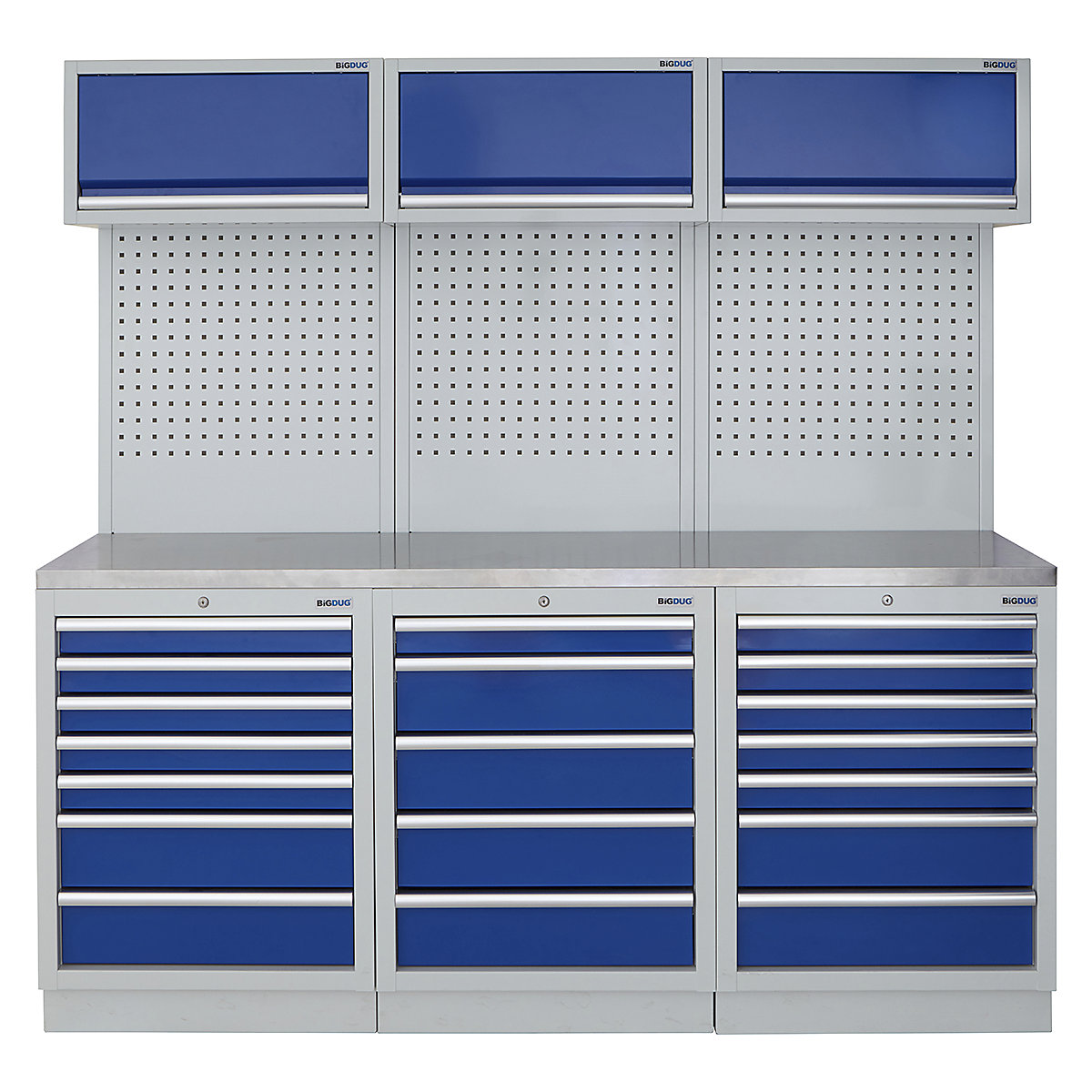 BiGDUG | 2041mm Wide Modular Storage System | 6 Cabinet, BiGDUG | 2041mm Wide Modular Storage System | 6 Cabinet, BiGDUG | 2041mm Wide Storage System | 7 Drawer Cabinet | 5 Drawer Cabinet | 7 Drawer Cabinet | 3x Wall Panel | 3x Wall Cupboard | Grey Housing | Blue Doors | Stainless Worktop-0
