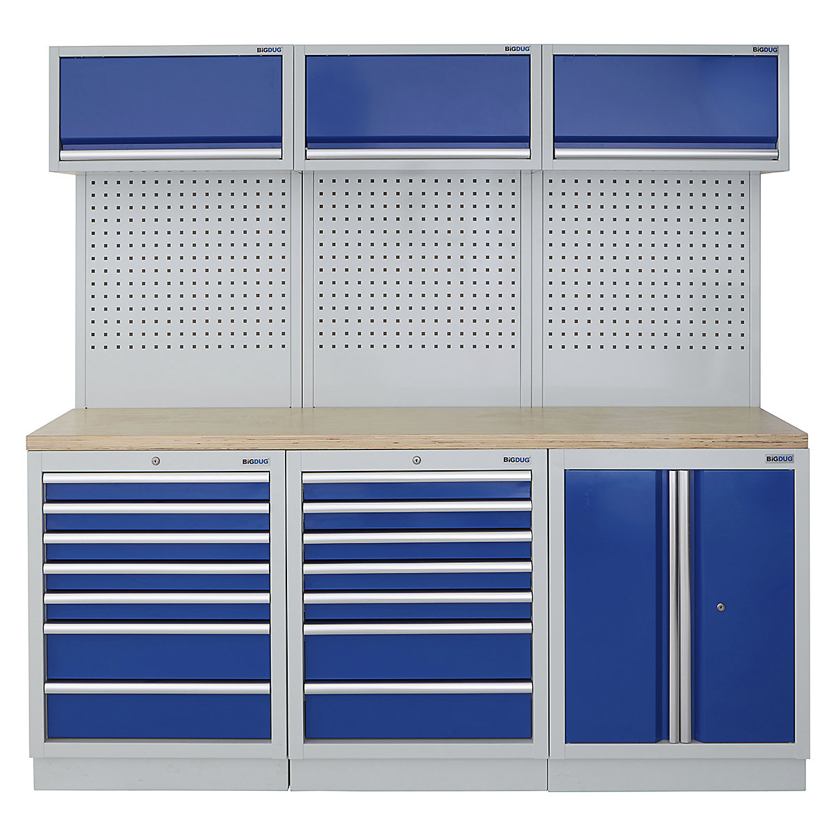 BiGDUG | 2041mm Wide Modular Storage System | 6 Cabinet, BiGDUG | 2041mm Wide Modular Storage System | 6 Cabinet, BiGDUG | 2041mm Wide Storage System | 7 Drawer Cabinet | 7 Drawer Cabinet | 2 Door Cupboard | 3x Wall Panel | 3x Wall Cupboard | Grey Housing | Blue Doors | Multiplex Worktop-0