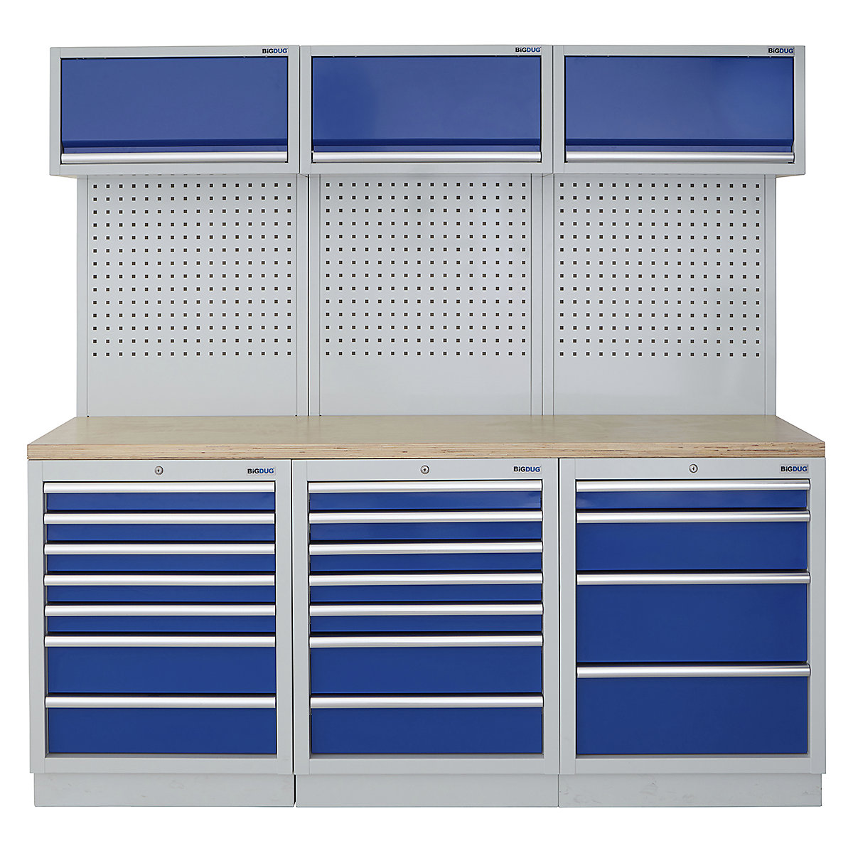 BiGDUG | 2041mm Wide Modular Storage System | 6 Cabinet, BiGDUG | 2041mm Wide Modular Storage System | 6 Cabinet, BiGDUG | 2041mm Wide Storage System | 7 Drawer Cabinet | 7 Drawer Cabinet | 4 Drawer Cabinet | 3x Wall Panel | 3x Wall Cupboard | Grey Housing | Blue Doors | Multiplex Worktop-0